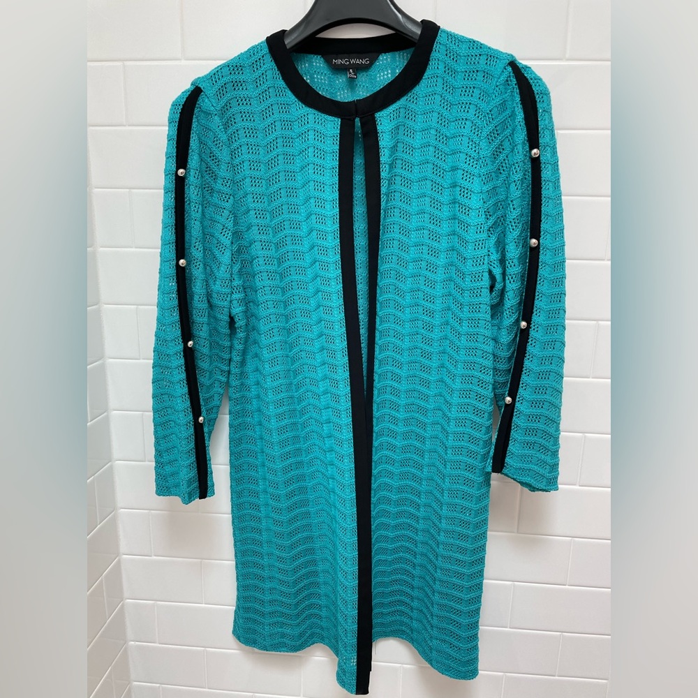 Ming Wang open weave turquoise blazer cardigan hook closure at top, size small